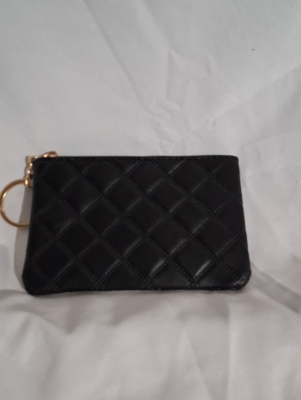 Quilted Black Zip Wallet with Gold Key Ring